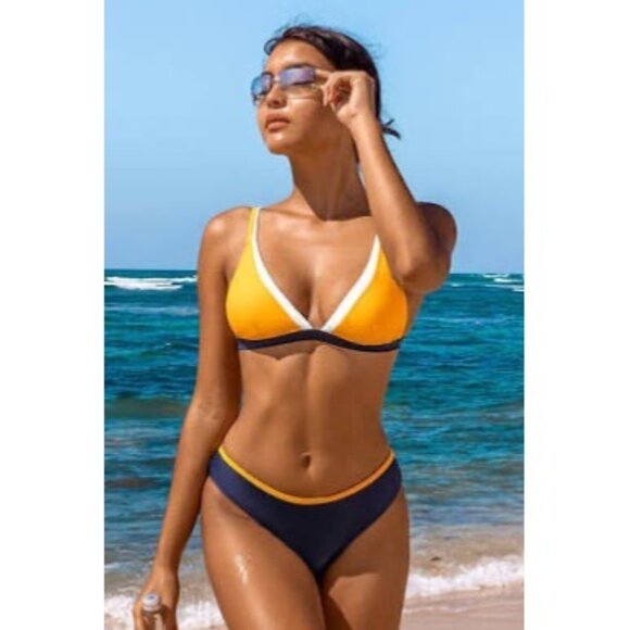 Cupshe Hidden Wonders V-Neck Triangle Yellow & Navy Colorblock Bikini Top With A - Picture 1 of 7
